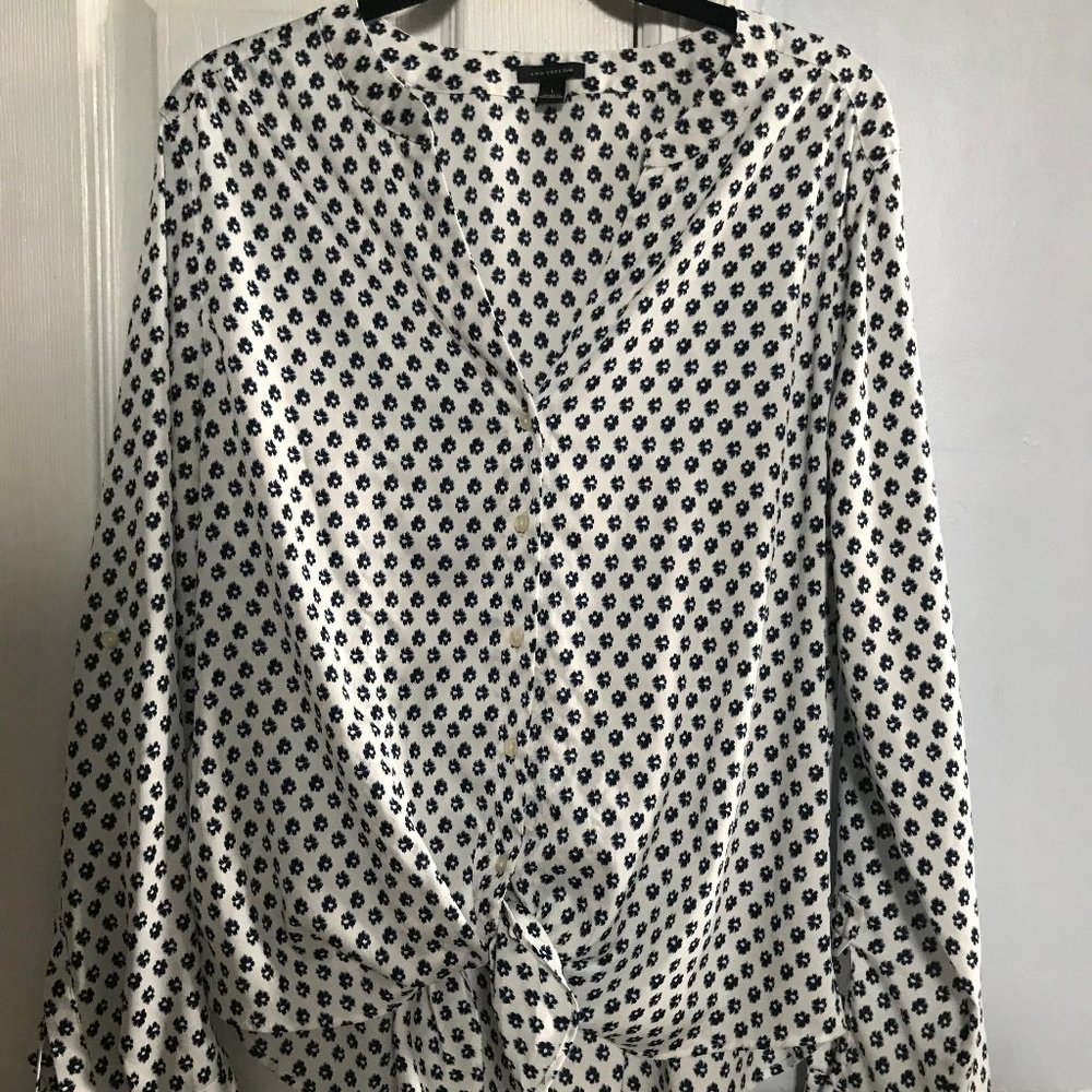 Ann Taylor Split Neck Tie Front Blouse L Roll Tab Sleeve
